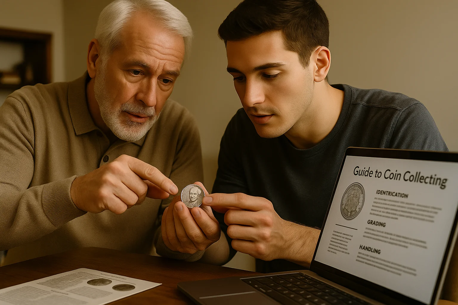 An experienced collector points out key details on a rare Lincoln Wheat penny, helping a newcomer understand the fine line between ordinary coins and valuable ones.