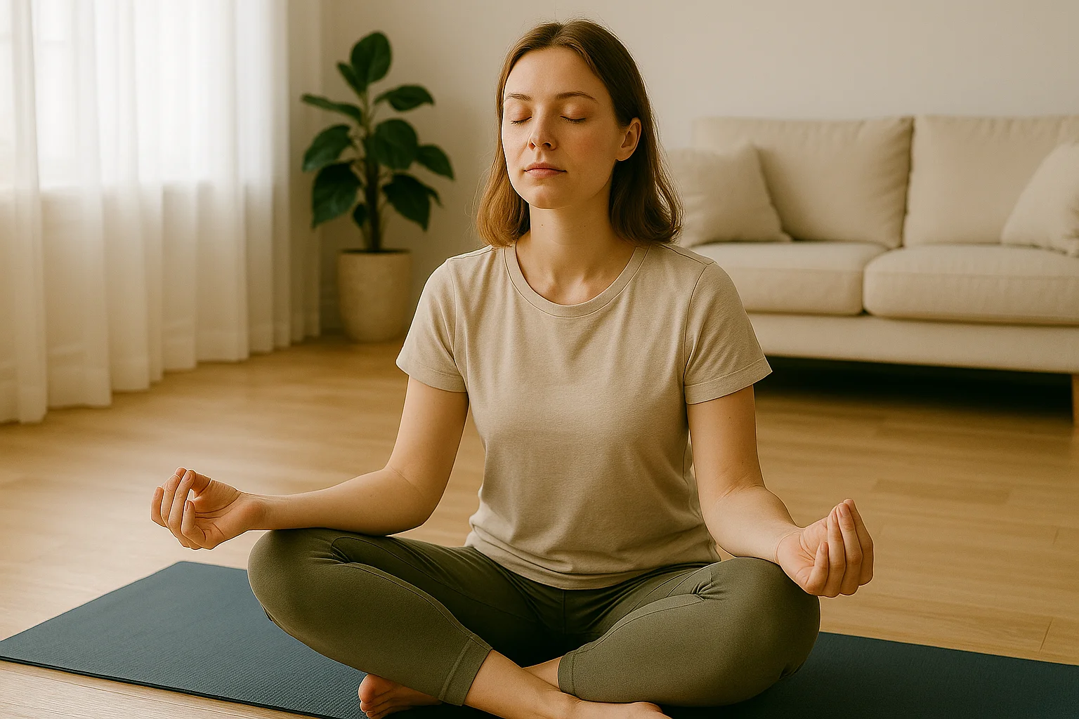 A woman sits on a yoga mat in a bright room with her eyes closed, practicing deep breathing for relaxation and focus.