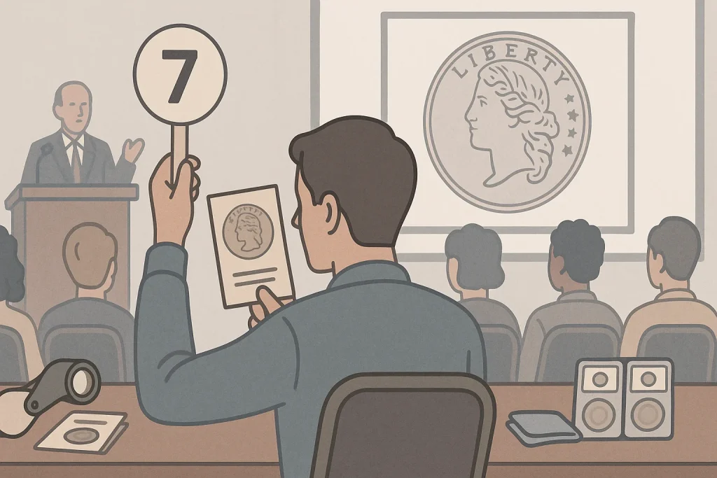 A scene of a live numismatic auction where a collector makes a bid and holds a numbered paddle.