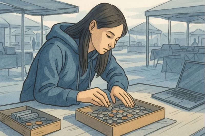  A collector scans through the box of coins at the early morning flea market.