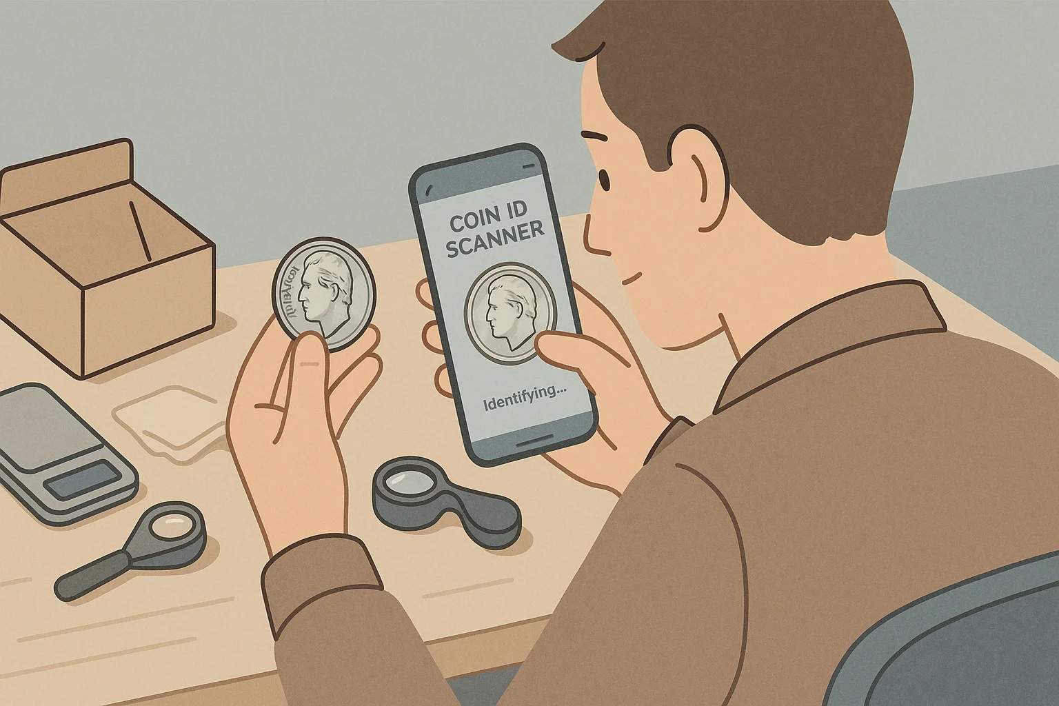 A collector checks the coin’s characteristics via Coin ID Scanner after unpacking the parcel.
