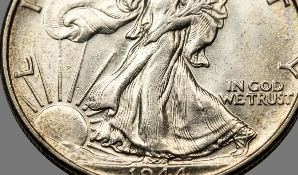 Detailed close-up of a 1944 Walking Liberty half dollar